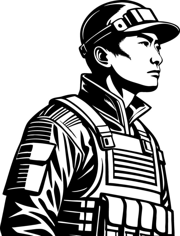 Detailed Illustration of a Confident Soldier in Tactical Gear for Artwork and Design vector