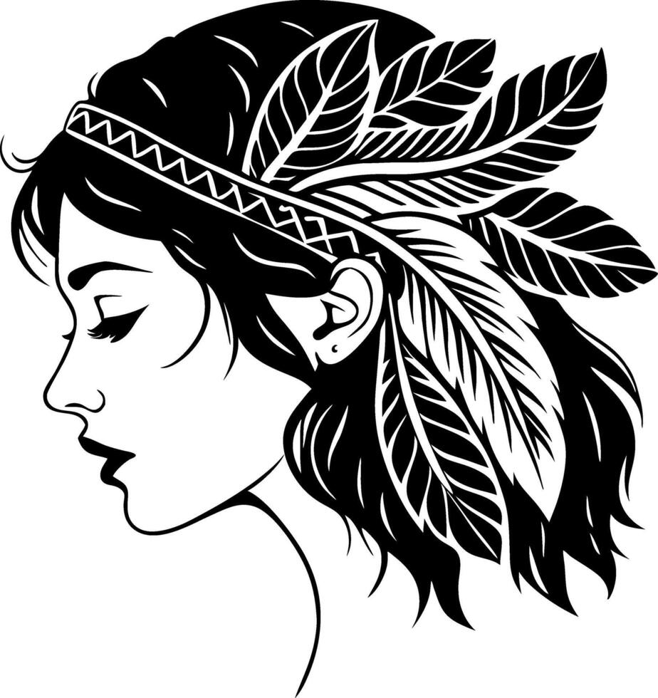 Elegant Woman Profile with Leaf Headpiece Stunning Black and White Design for Tattoos and Art vector
