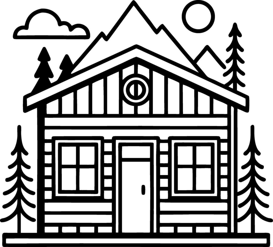 Cozy Mountain Cabin with Pine Trees and Scenic Landscape Design for Coloring Pages and Tattoos vector
