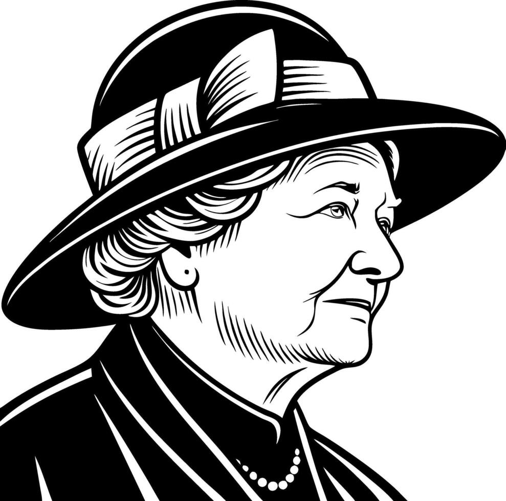Elegant Vintage Lady Portrait in Wide Brim Hat Detailed Black and White Line Art vector