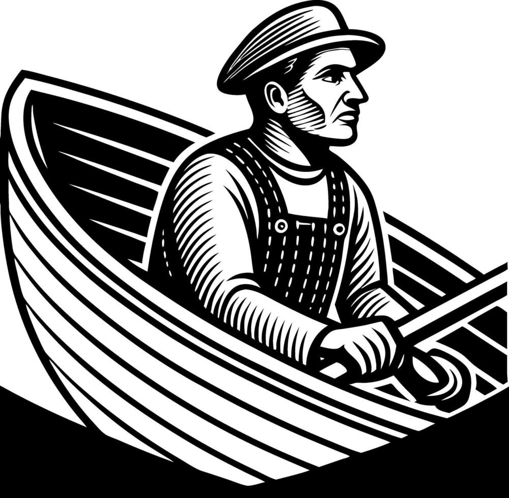 Rowing Man Illustration with Vintage Style Depicting Fisherman in Boat for Nautical Themes vector