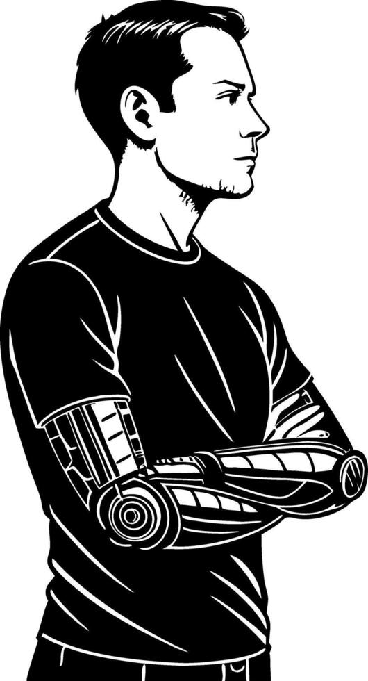 Futuristic Male Character with Cybernetic Arm in Profile View for Concept Art and Design vector