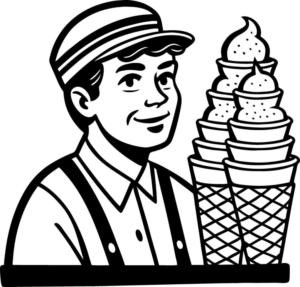 Vintage Ice Cream Vendor Smiling with Ice Cream Cones Stack for Retro Design Projects vector