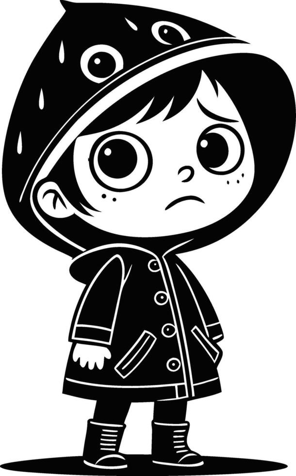Cute Sad Boy in Playful Raincoat with Monster Design Illustration for Kids Art Projects vector