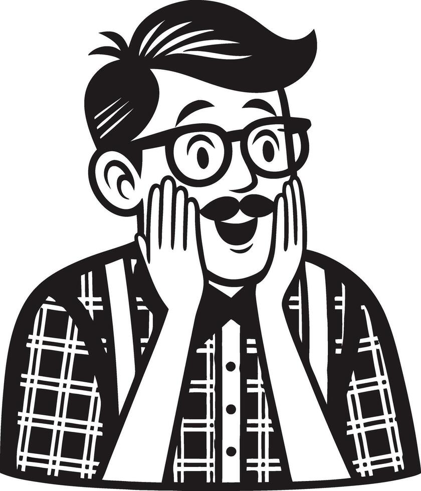 Excited Young Man with Glasses and Mustache Expression Graphic for Fun Projects vector