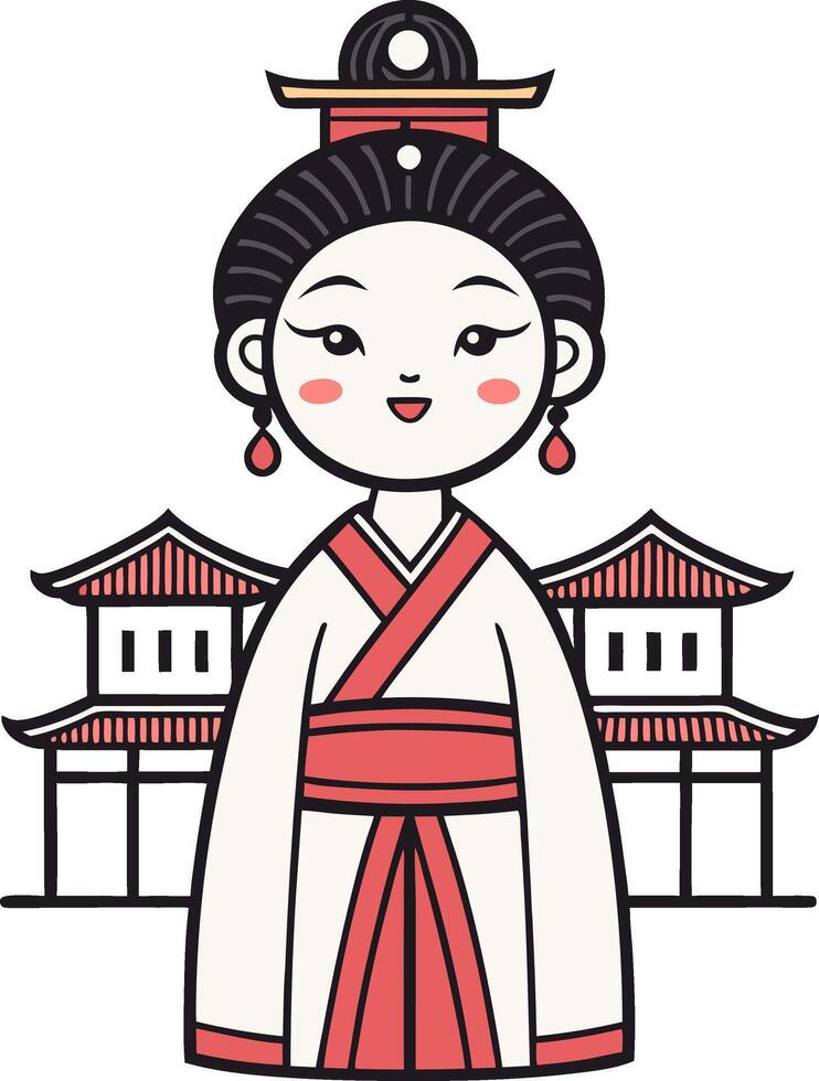 Traditional Asian Woman in Kimono Standing with Temple Illustration for Art Prints and Decor vector