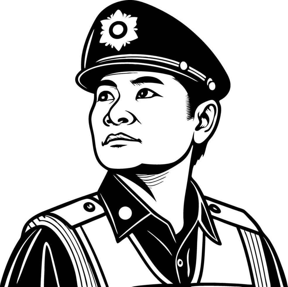 Detailed Illustration of a Confident Police Officer in Uniform Looking Upward vector