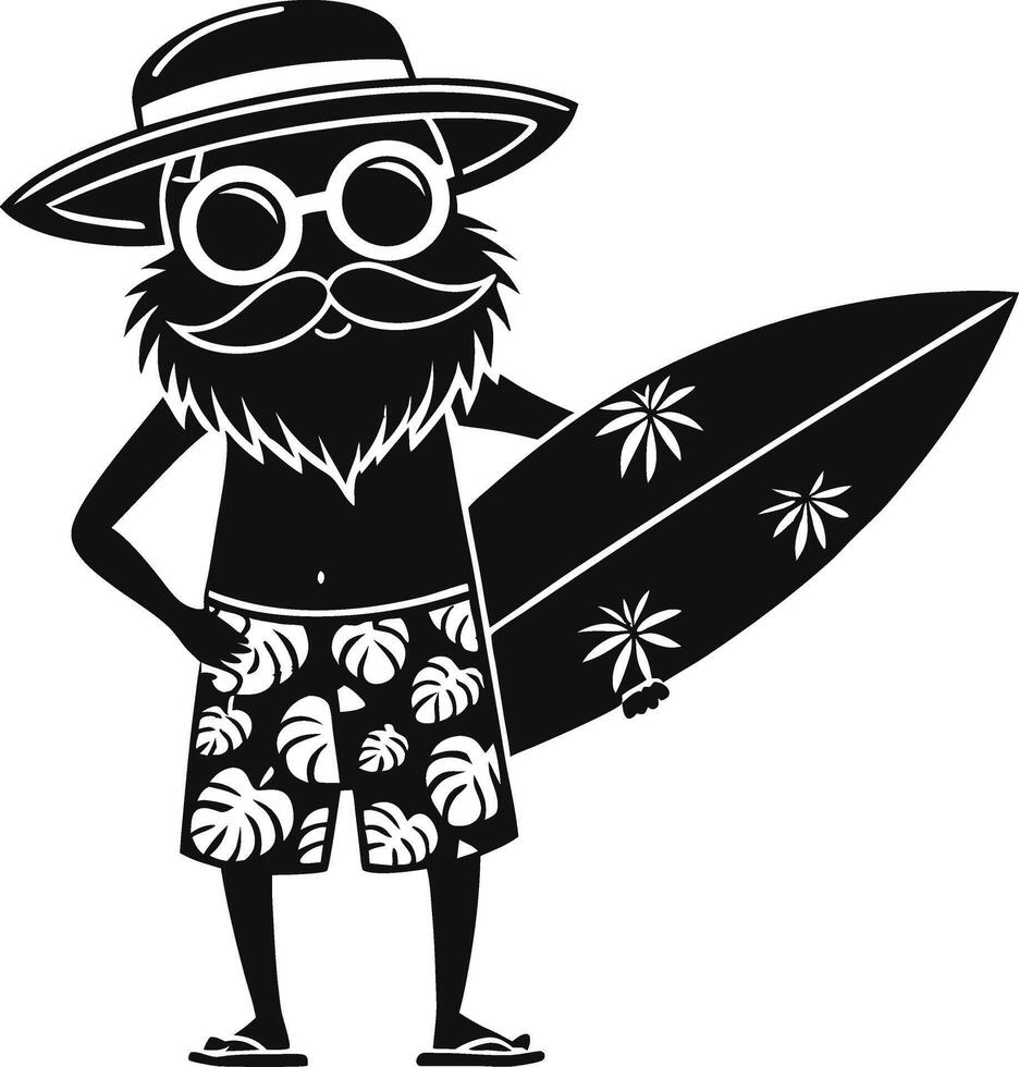 Cool Hipster Surfer Character with Beard Wearing Sunglasses and Floral Boardshorts Holding Surfboard vector