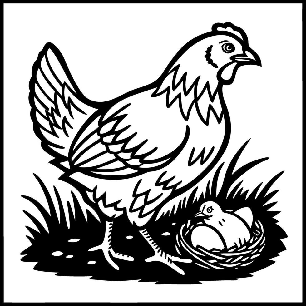 Hen Sitting on Nest with Chick and Eggs in Grass Illustration for Farm Theme Designs vector