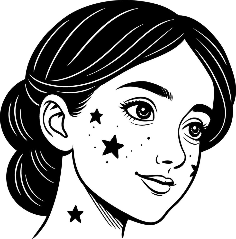 Playful Young Woman with Star Face Art and Freckles Ideal for Tattoo Design and Coloring Book vector