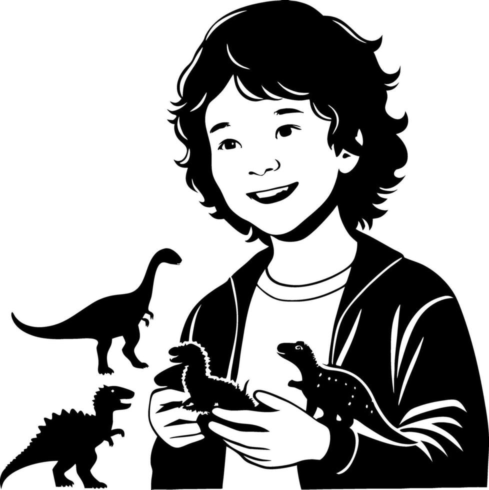 Cheerful Child Holding Dinosaur Toys Surrounded by Silhouetted Dinosaurs Ideal for Kids Designs vector