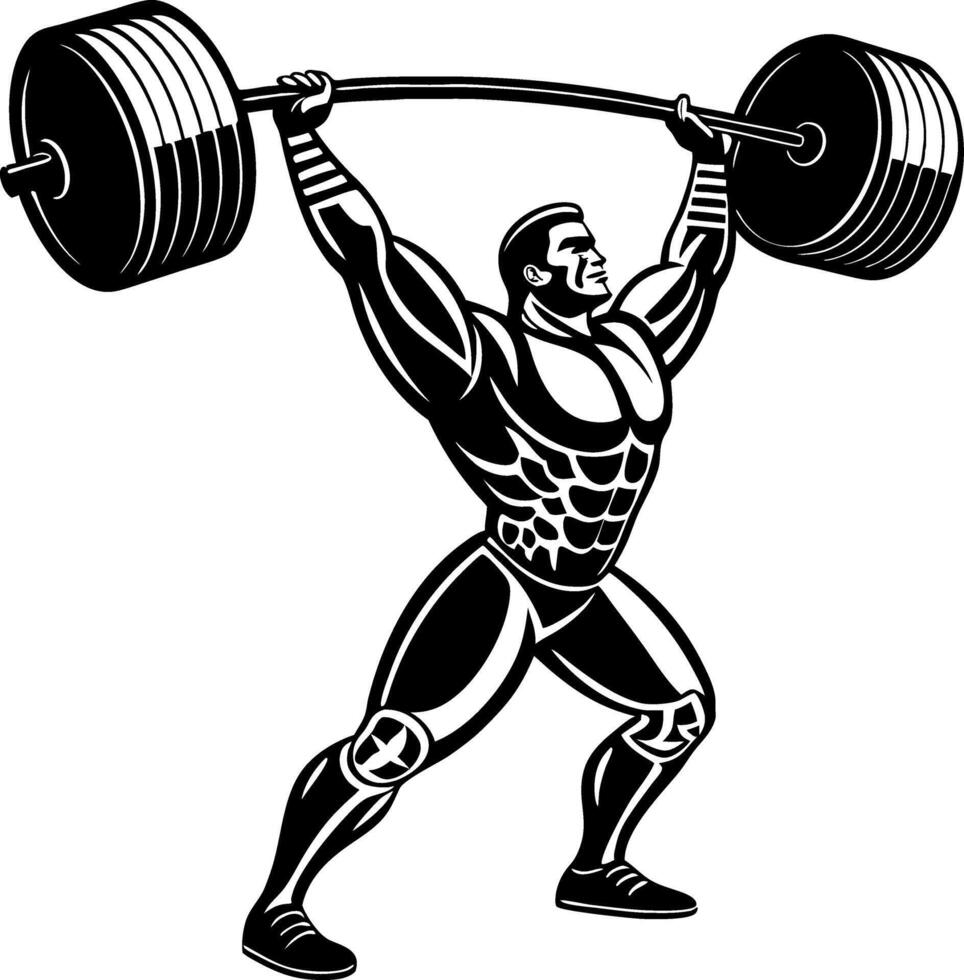 Muscular Weightlifter Lifting Heavy Barbell in Bold Monochrome Style for Fitness Themes vector