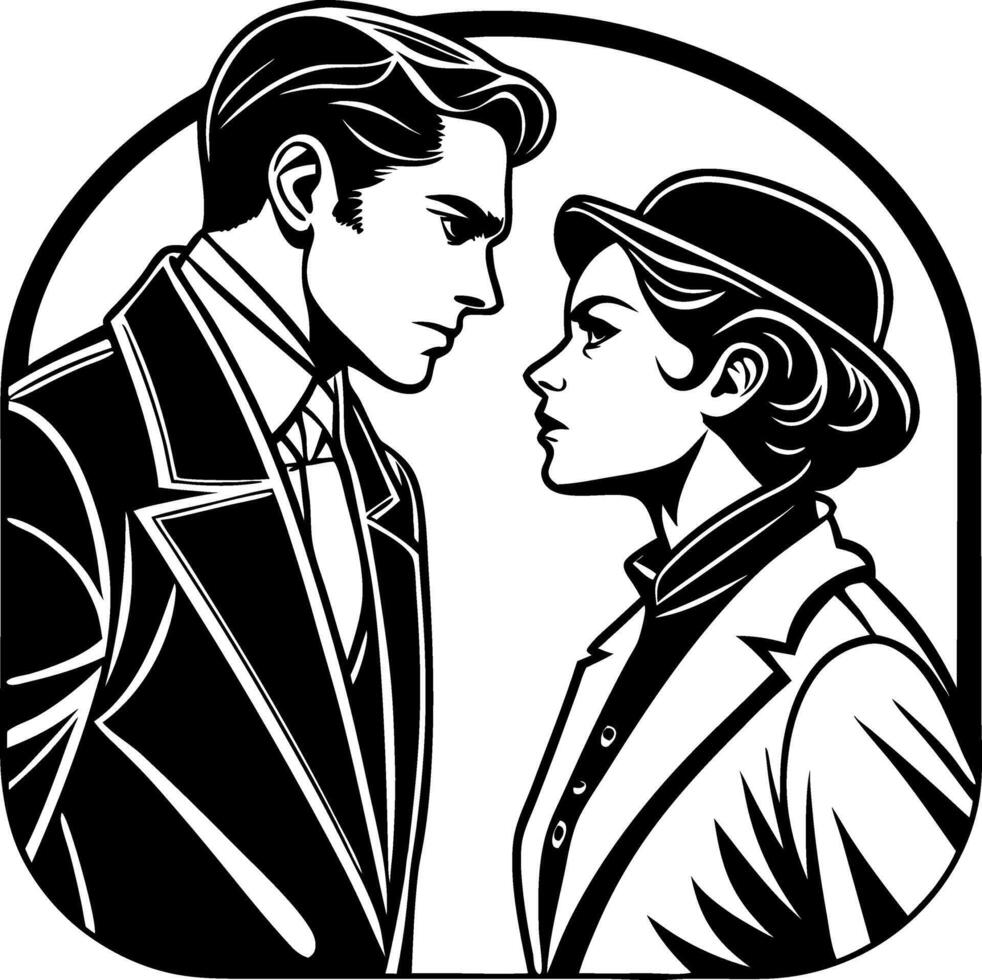 Vintage Romantic Standoff Between Elegant Man and Woman in Classic Outfits Graphic Design vector