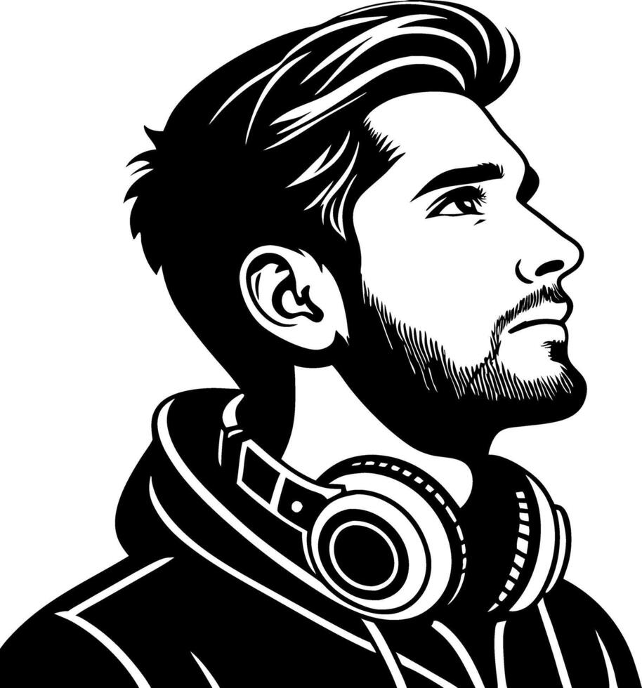 Stylized Portrait of a Young Man with Headphones in Profile for Creative Projects vector