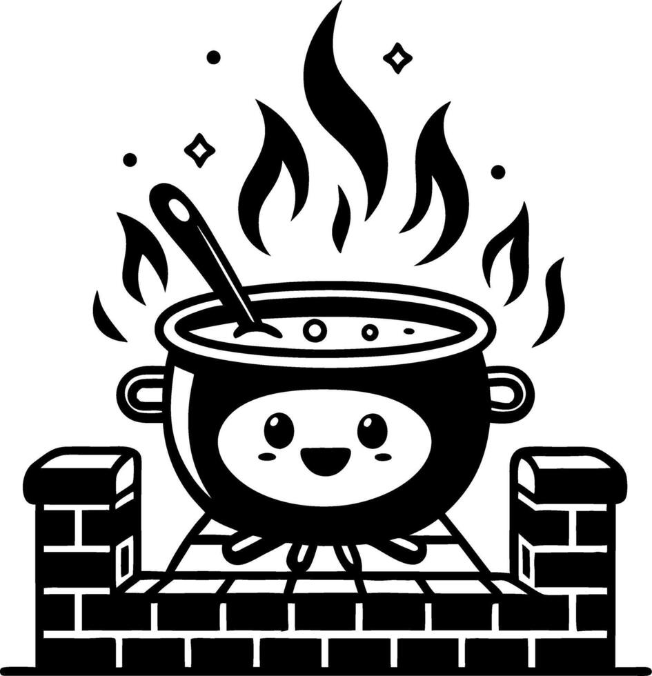 Cute Smiling Cauldron with Steam on Brick Hearth for Whimsical Designs and Coloring Pages vector