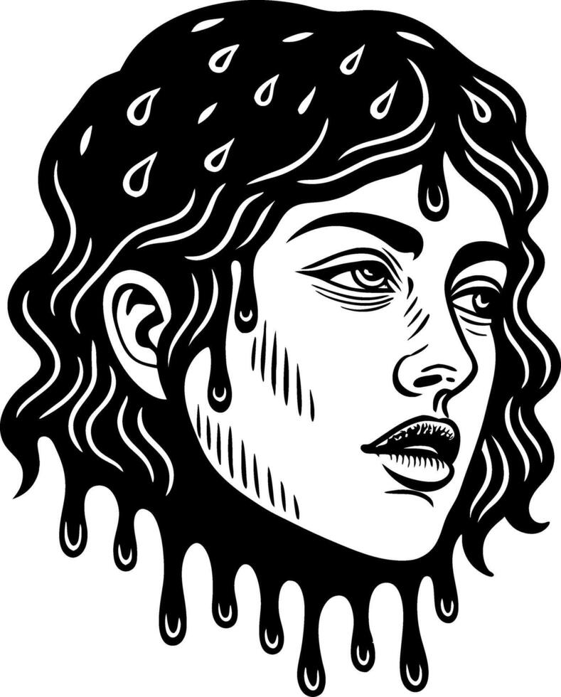 Melancholic Woman with Dripping Hair Ink Illustration for Tattoo Design and Art Projects vector