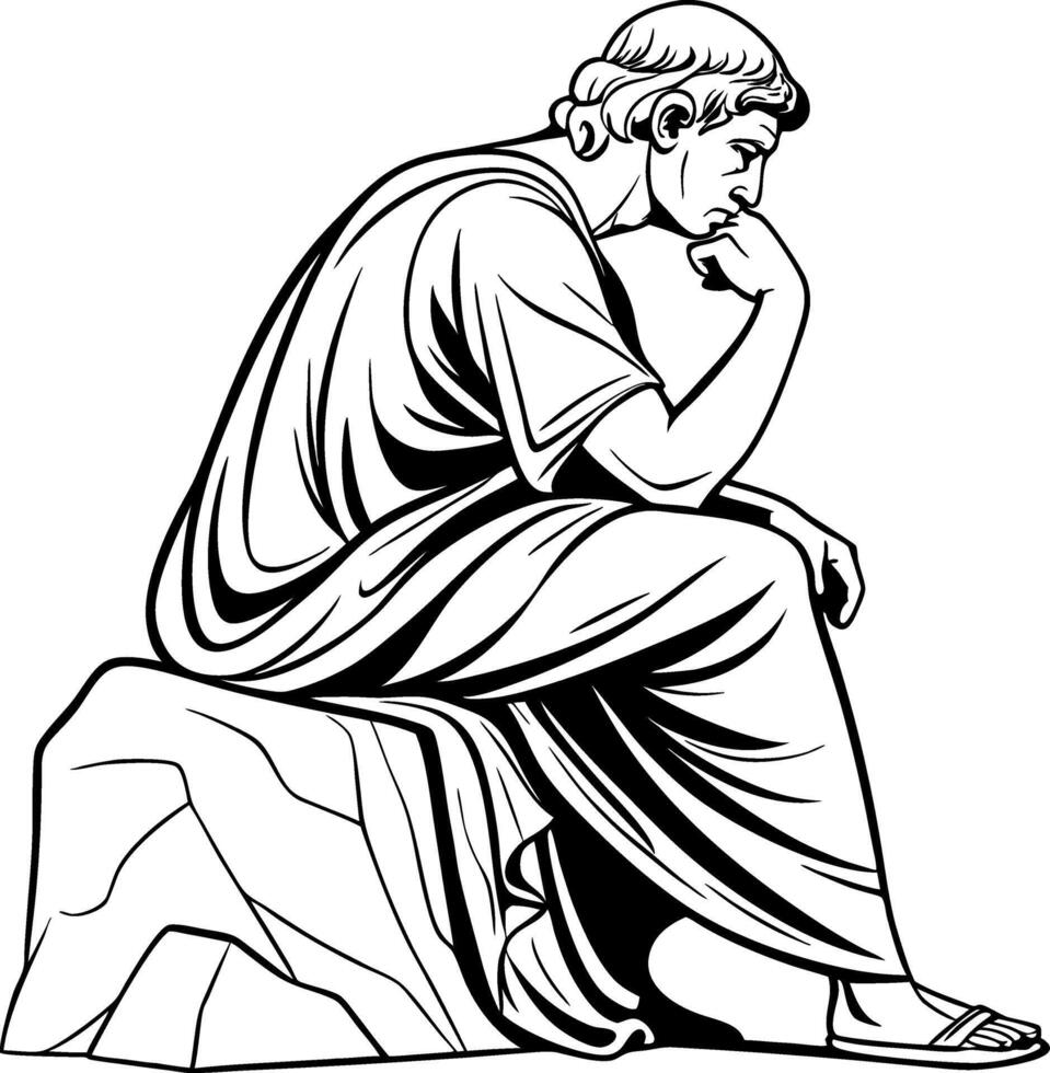 Thoughtful Philosopher Sculpture in Contemplation Suitable for Tattoo or Coloring Design vector