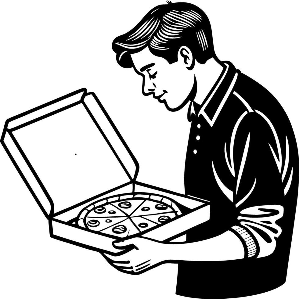 Happy Young Man Excitedly Opening Pizza Box Filled with Delicious Slices vector