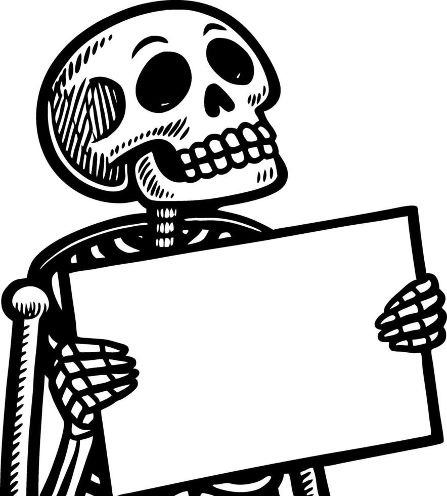 Cheerful Skeleton Holding Blank Sign Perfect for Halloween Party Invitations or Creative Designs vector