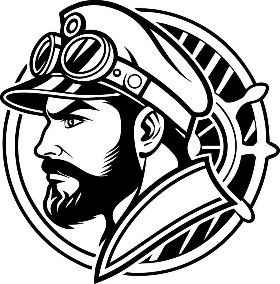 Steampunk Captain Headshot with Goggles and Nautical Wheel Emblem Design vector