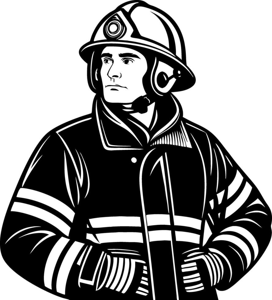 Brave Firefighter Portrait Standing Strong in Uniform with Helm and Stripes vector