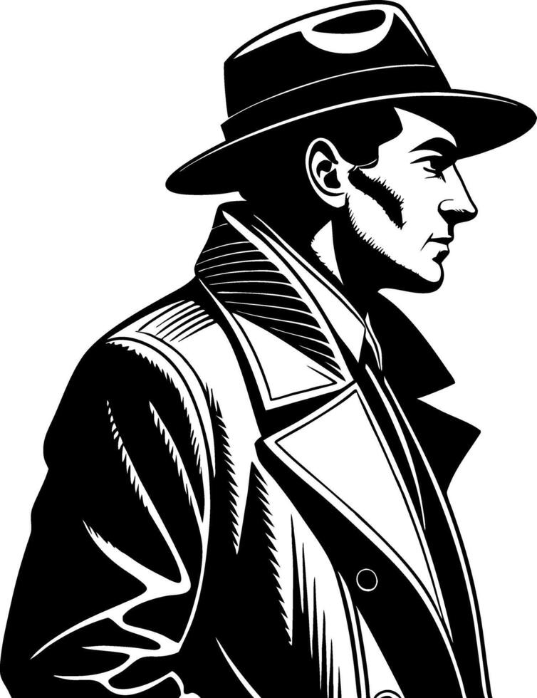 Classic Detective Silhouette with Fedora and Overcoat for Vintage Style Decor and Apparel Design vector