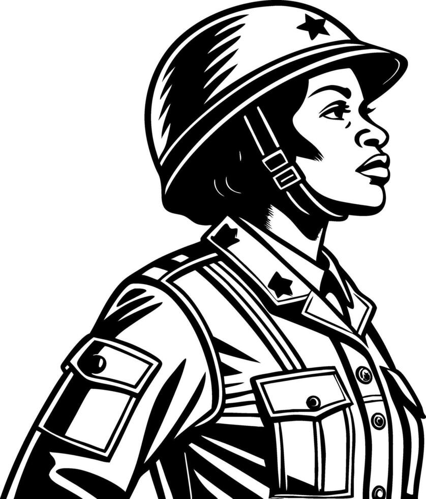 Female Soldier Portrait Wearing Military Uniform and Helmet Symbolizing Strength and Courage vector