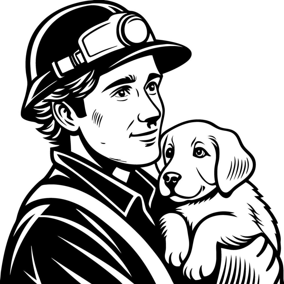 Miner Holding Adorable Puppy in a Heartwarming Illustration for Pet Lovers vector