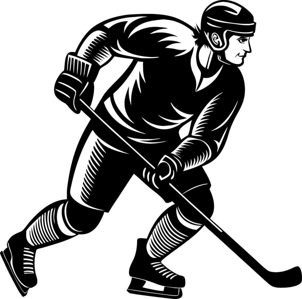 Dynamic Ice Hockey Player in Action Skating with Stick and Puck for Sports Design Projects vector