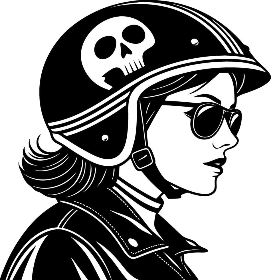 Stylish Biker Woman in Skull Helmet Art for Tattoo Design and Apparel vector