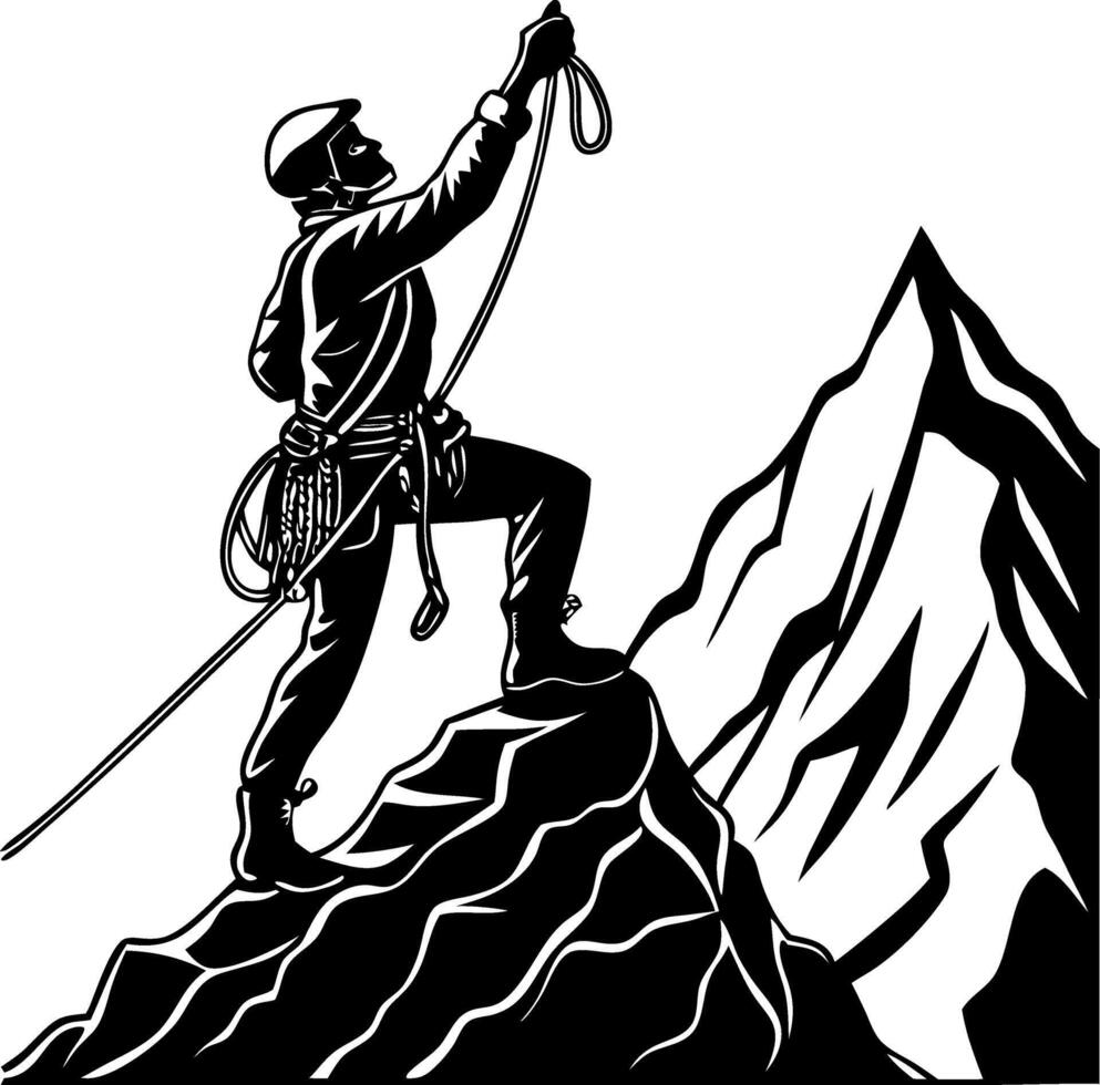 Climber Reaching Summit on Rocky Mountain Peak Graphic for Outdoor Adventure Themes vector