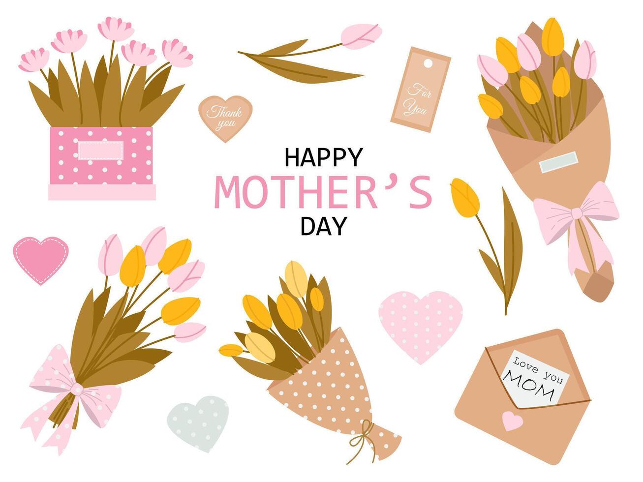 festive set of elements for Mother's Day with bouquets, envelope, hearts vector