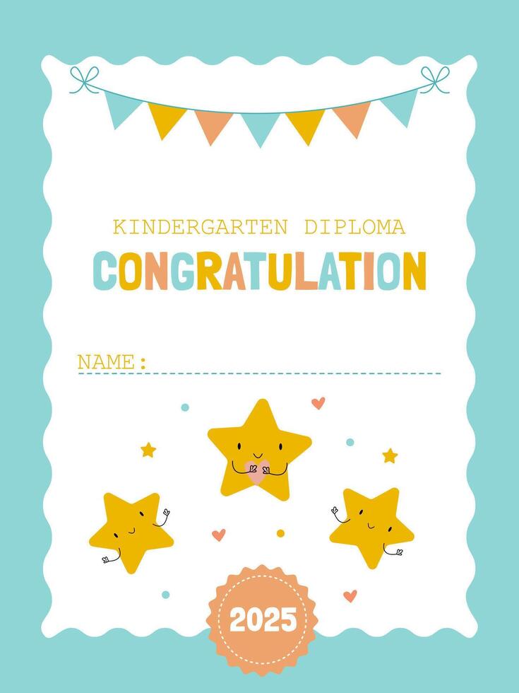 Cute kindergarten graduation greeting template with funny stars vector