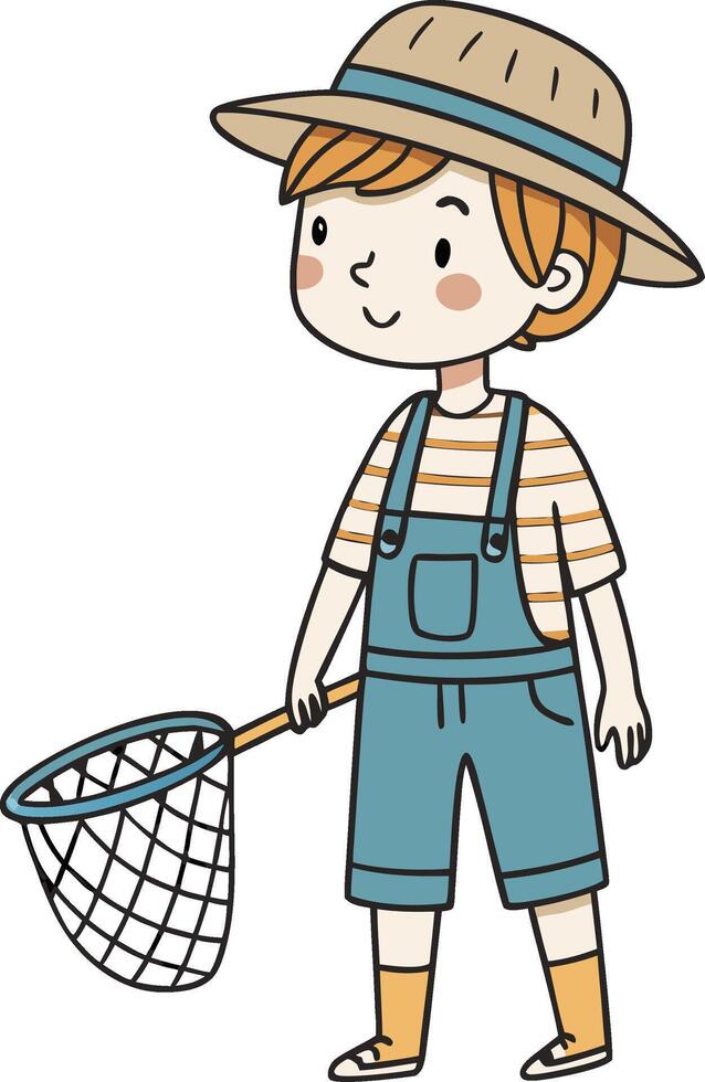 Happy Child in Summer Attire Holding Net for Outdoor Adventures vector