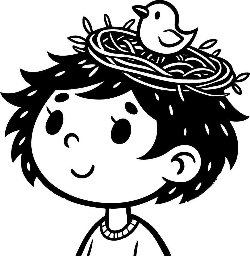 Cute Boy with Bird Nest and Bird on His Head Fun Illustration for Coloring Books and Crafts vector