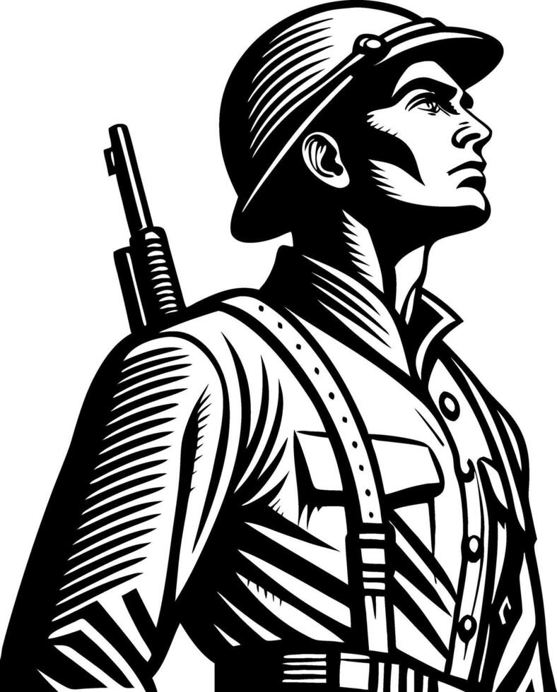 Determined Soldier Profile Facing Forward Representing Valor and Courage in Battle vector
