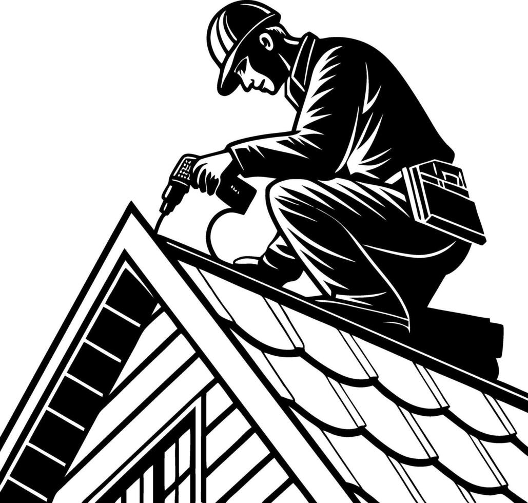 Roofer Repairing Roof with Power Drill Vintage Style Illustration for Construction Projects vector