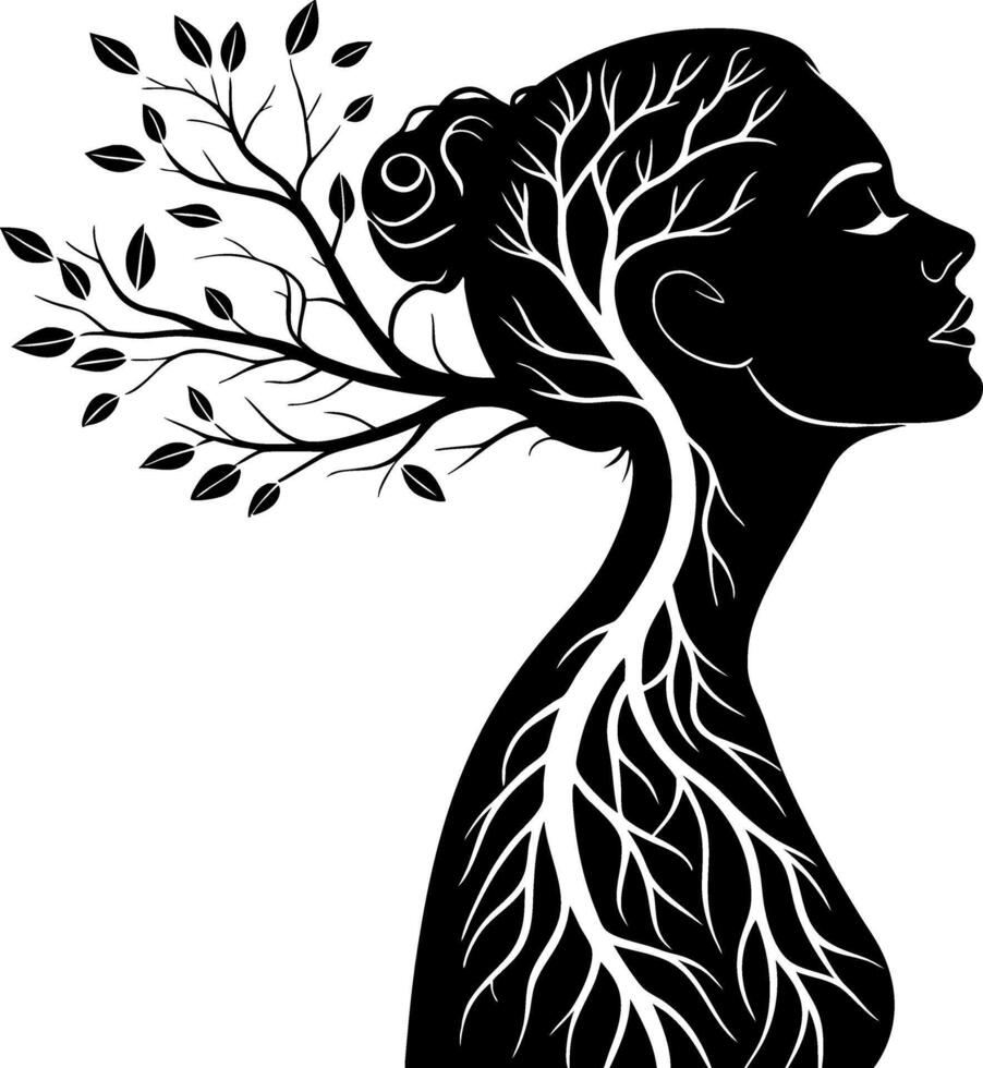 Surreal Silhouette of Woman with Tree Branches and Roots for Nature Inspired Designs vector