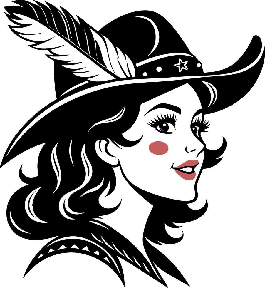 Vintage Cowgirl Portrait with Feathered Hat and Bright Smiling Face for Tattoo and Illustration vector