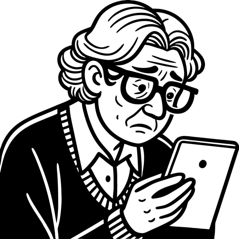 Worried Elderly Man Looking at Tablet Screen Illustration for Emotional Art Projects vector