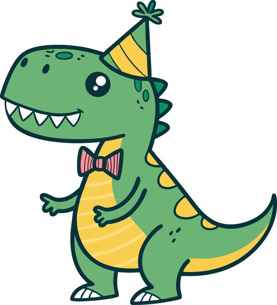Cute Cartoon Dinosaur in Party Hat with Bow Tie Perfect for Kids Birthday Invitations vector