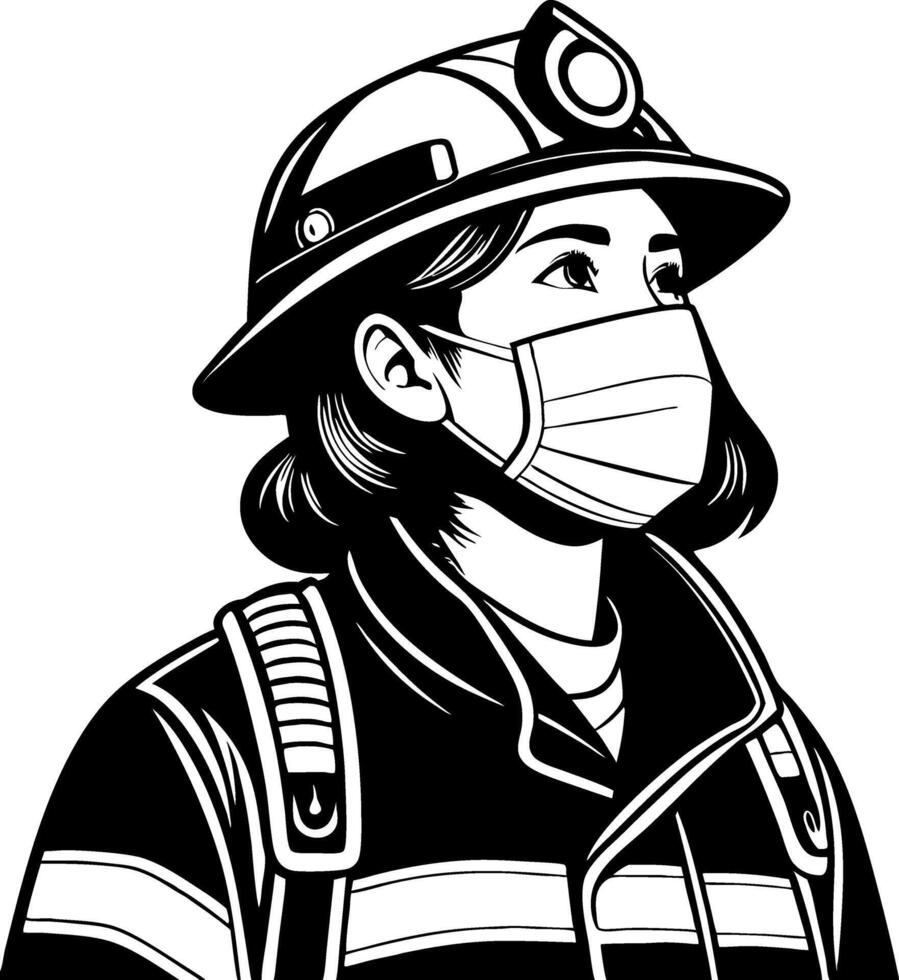 Brave Female Firefighter Wearing Helmet and Face Mask Inspiring Heroism and Strength vector