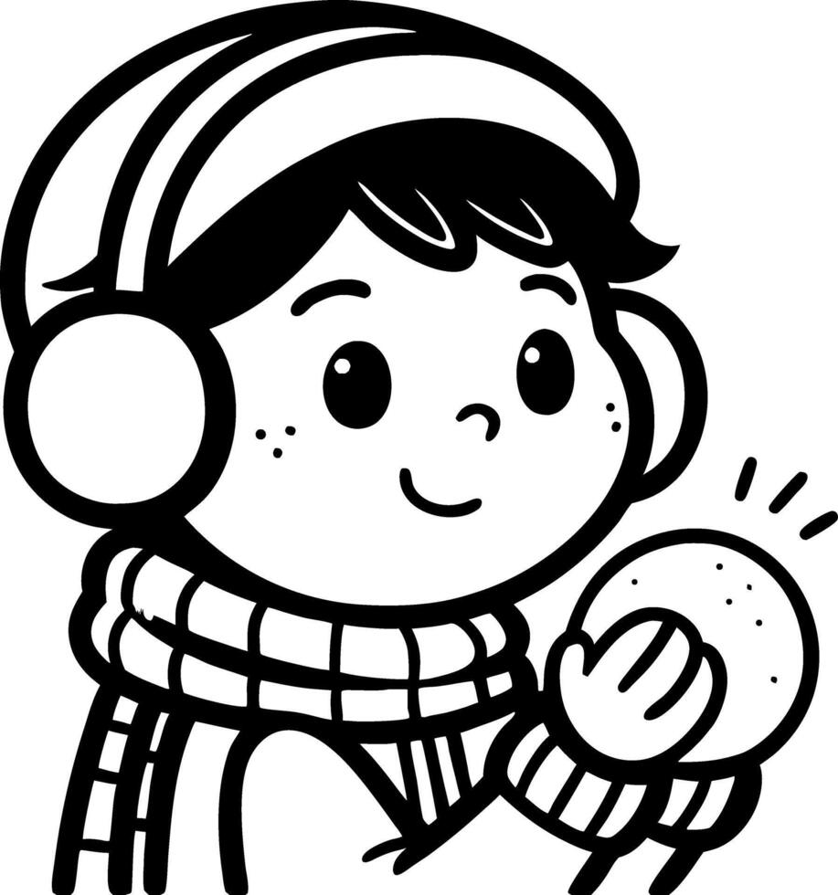 Happy Child Holding Snowball in Winter Outfit with Beanie and Ear Muffs Cute Illustration vector