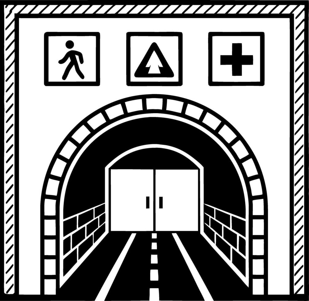 Tunnel Entrance Featuring Pedestrian Signs Hazard Warning and Medical Symbol Design vector