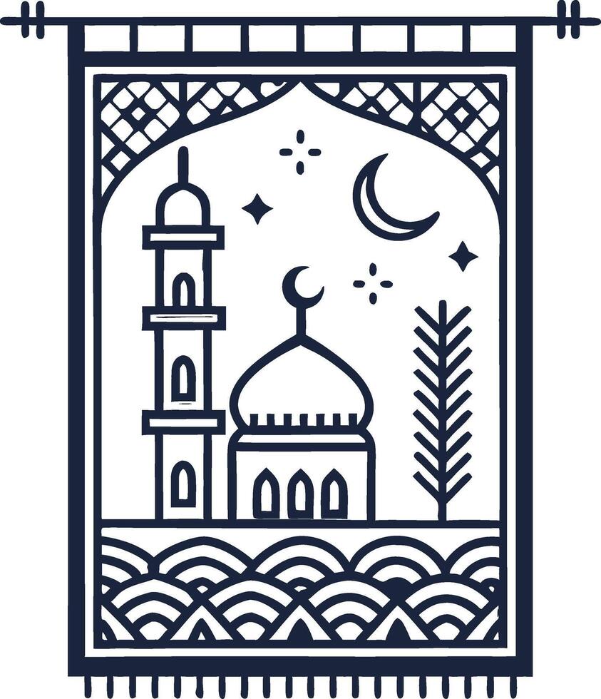 Intricate Islamic Mosque Silhouette with Crescent Moon and Stars Decorative Art vector