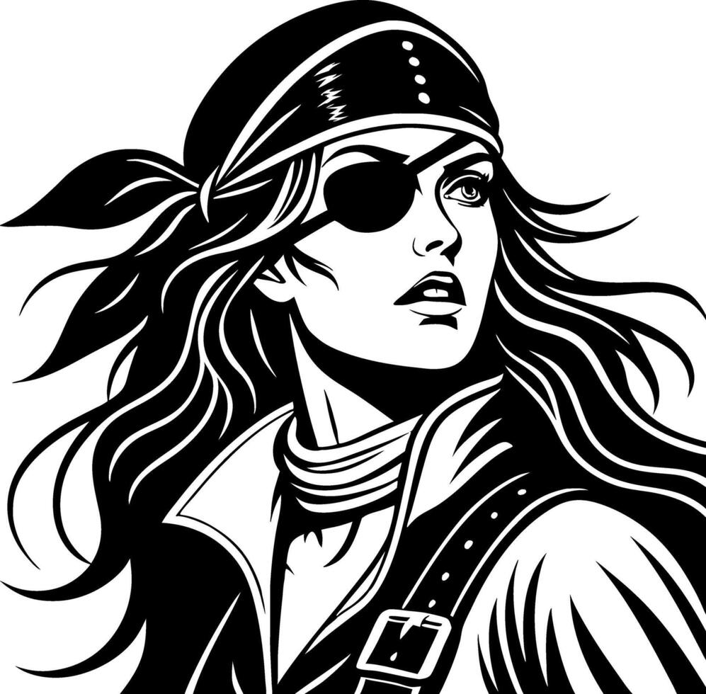 Bold Pirate Woman Portrait with Bandana Eye Patch and Flowing Hair for Tattoo and Design vector
