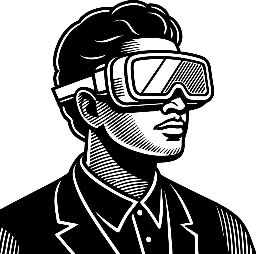 Stylish Man Wearing Virtual Reality Goggles in Retro Illustration Style for Technology Themes vector