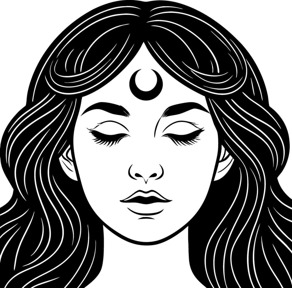 Mystical Woman with Long Hair and Moon Symbol for Spiritual Art and Tattoo Design vector