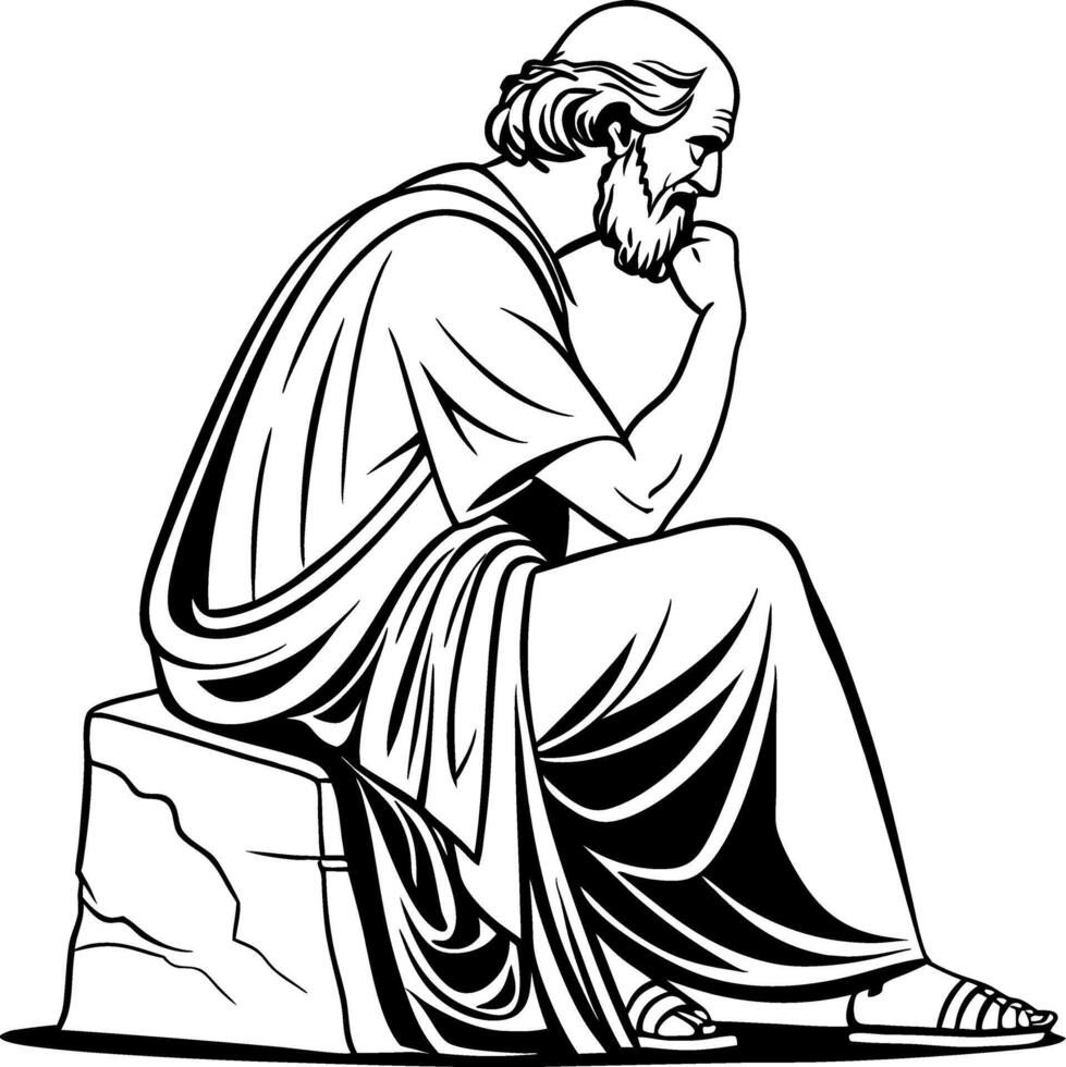 Philosopher Deep in Thought Sitting on Stone Sculpture Illustration vector