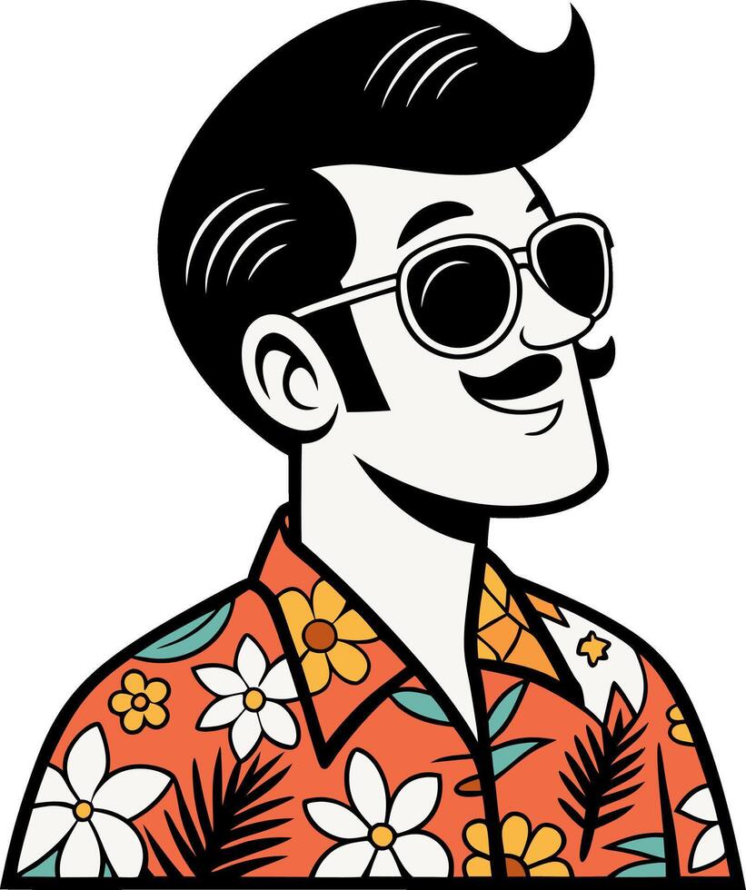 Retro Hawaiian Man in Sunglasses with Floral Shirt for Fun Summer Designs and Illustrations vector